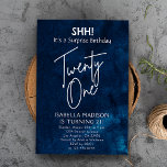 Invitation Vingt | Navy Blue 21st Birthday Surprise Party<br><div class="desc">Vingt et un | L'invitation à la fête surprise du 21e anniversaire de la Marine Blue présente un fond d'aquarelle bleu profond,  orné d'éléments textuels blancs sophistiqués qui véhiculent le message "SHH! c'est un anniversaire surprise Vingt et un." Personnalisez cette invitation en incorporant vos informations et détails uniques.</div>