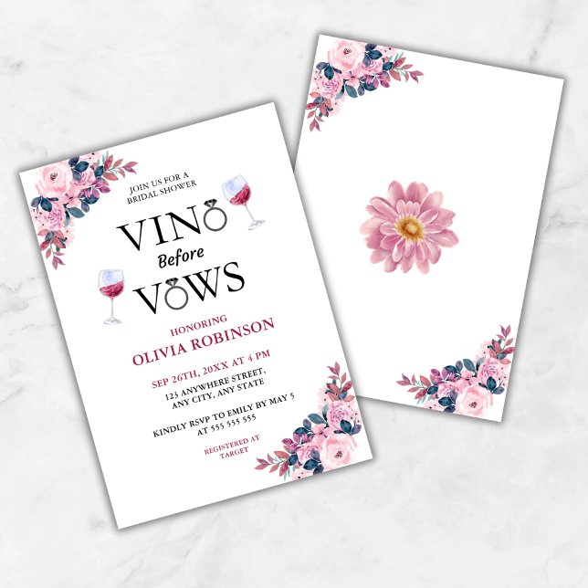 Invitation Vino Avant Vows Floral Vine Thème Fête des mariées (Vino Before Vows Floral Wine Theme Bridal Shower Invitation )