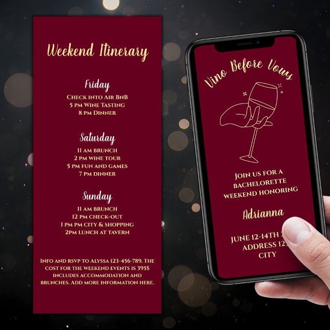 Invitation Vino Avant Vows Vine Bachelorette Week-end (Vino Before Vows Wine Bachelorette Weekend Invitation Burgundy And Gold  Elegant Wine Glass )