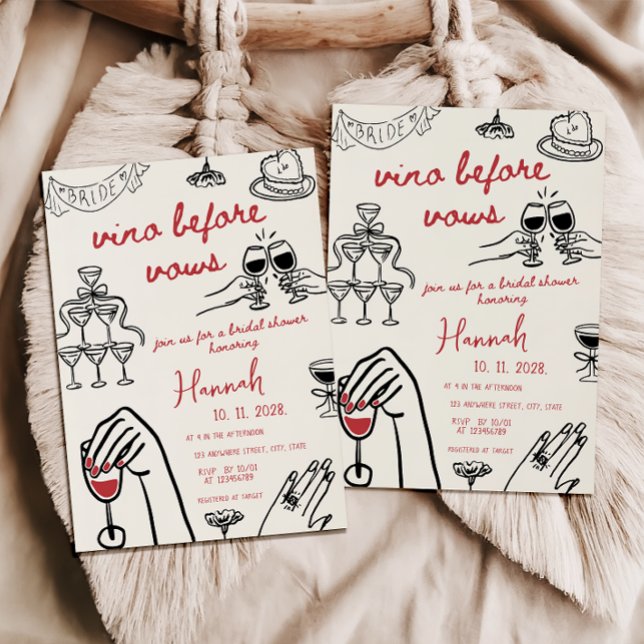 Invitation Vino Before Vows Mariage Dessin à la Main Rouge (vino before vows bridal shower invitation, hand drawn, whimsical)