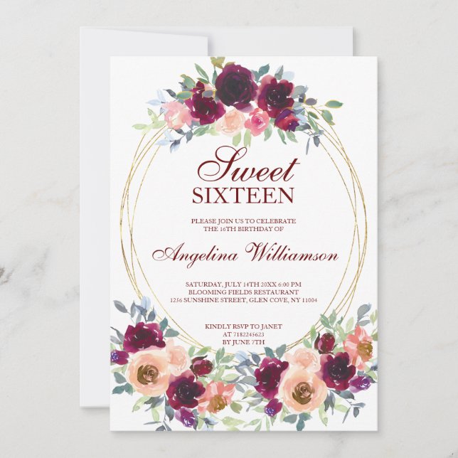 INVITATION VINS BLUSH EAU COULEUR D'OR FLORAL PHOTO SWEET 16 (Devant)