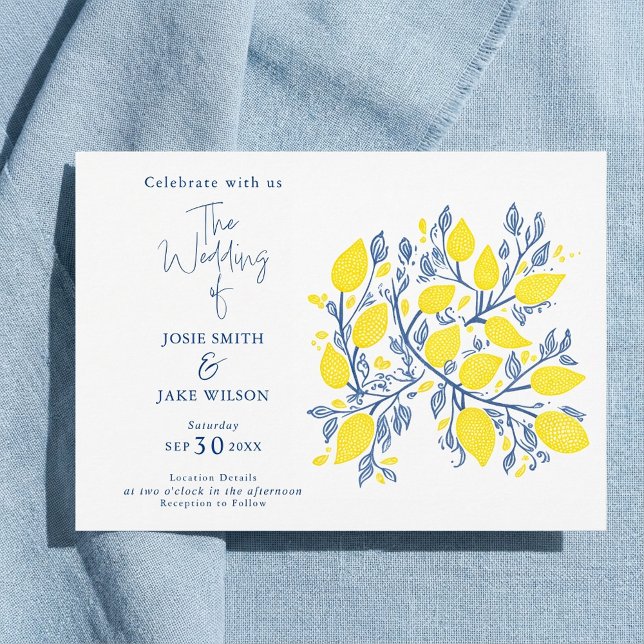 Invitation Vins de citron bleu et jaune mariage (Blue and yellow lemon vines wedding invitation.)