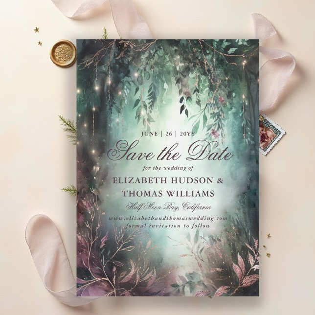 Invitation Vins de Mauve de la forêt enchantée Mariage Enregi (enchanted forest save the date wedding emerald green gold pink fairytale fairy greenery woodland)