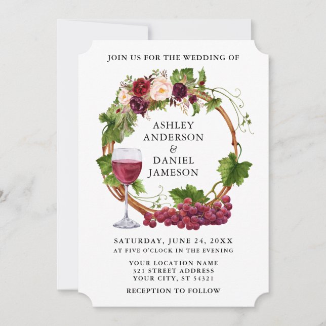 Invitation Vins de raisin d'aquarelle Mariage de fleurs de co (Devant)