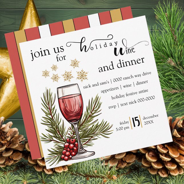 Invitation Vins de vacances et Dîner Fête de fête (Holiday wine and dinner party invitation with snowflakes, wine glass and pine
)