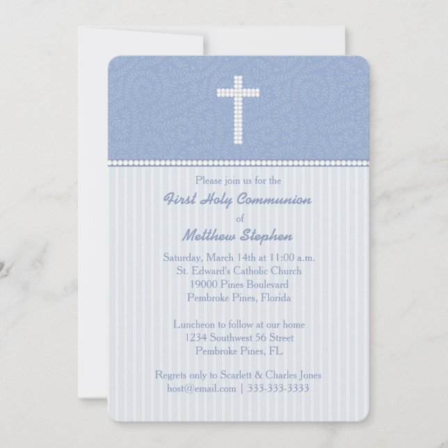 Invitation Vins et rayures bleues communion (Devant)