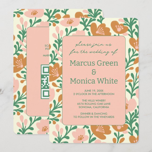 Invitation Vins fleur sauvage rose vert personnalisé QR Code  (Devant / Derrière)