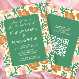 Invitation Vins fleur sauvage rose vert personnalisé QR Code