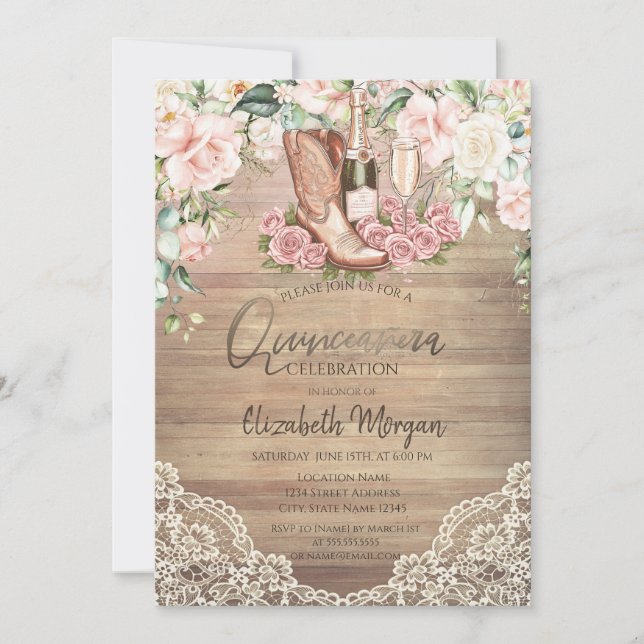Invitation Vins Roses Bottes Lace Quinceanera (Devant)
