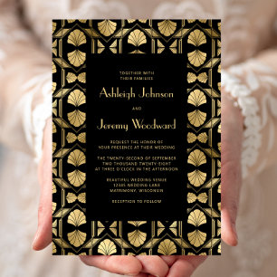 Invitation Vintage 1920 Fan Motif Black Gold Mariage