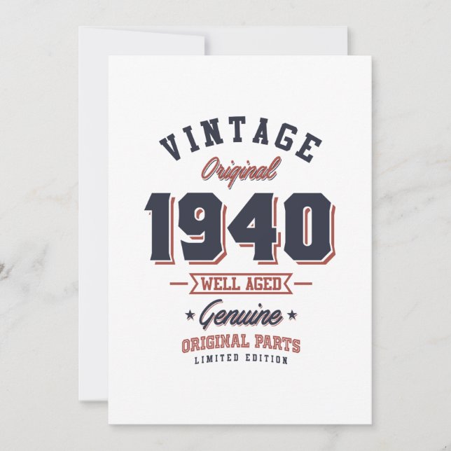 Invitation Vintage 1940 Né en 1940 Cadeau d'anniversaire Rétr (Devant)