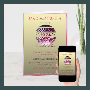 Invitation vintage 1974 anniversaire or rose