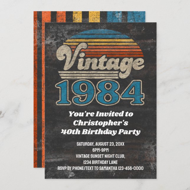 Invitation Vintage 1984 Anniversaire 40e Anniversaire coucher (Devant / Derrière)