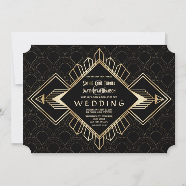 Invitation Vintage 20s Gold Noir Grand Mariage Gatsby (Devant)
