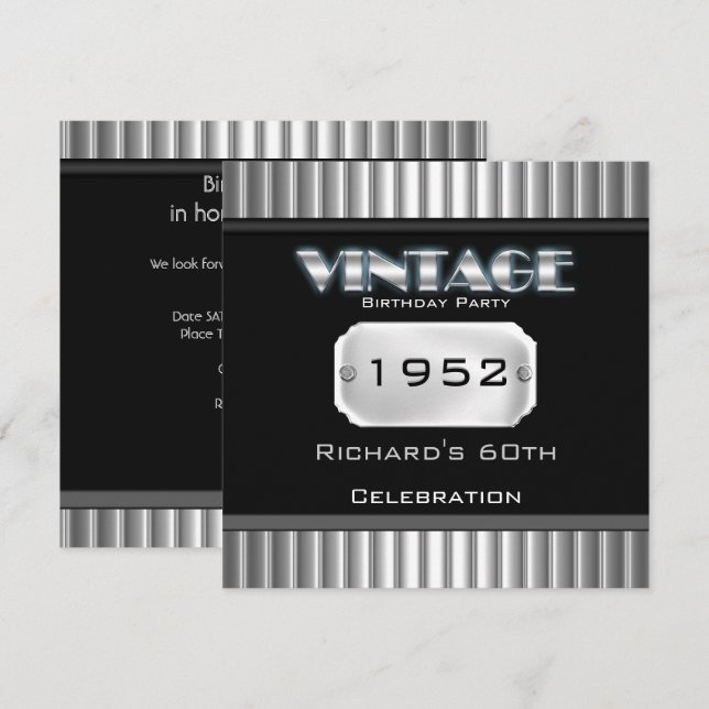 Invitation Vintage 60ème Soeur Chrome Noir fête d'anniversair (Devant / Derrière)