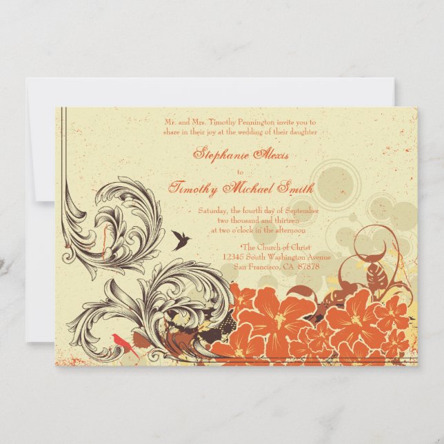 Invitation Vintage à un mariage orangé (Devant)