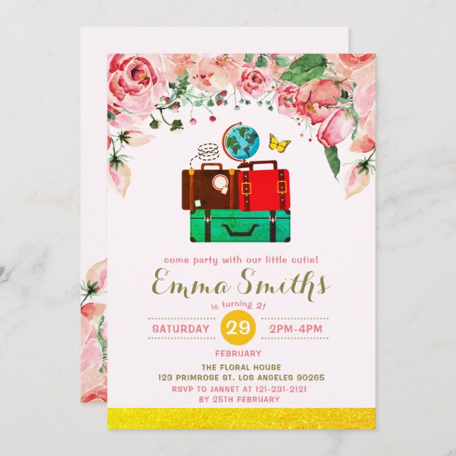 Invitation Vintage Adventure World Travel Anniversaire rustiq (Devant / Derrière)