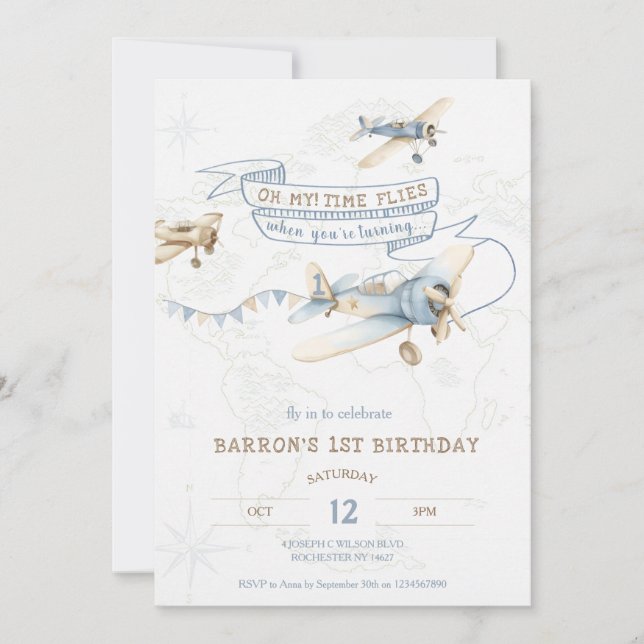 Invitation Vintage Airplane Aviator Pilot 1st Birthday (Devant)