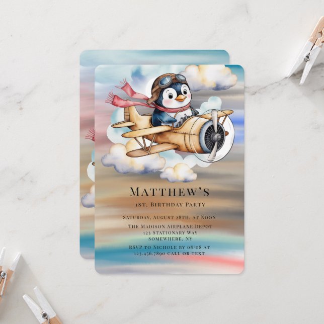 Invitation Vintage Airplane Penguin Boy 1st. Birthday Party (Devant/Arrière en situation)