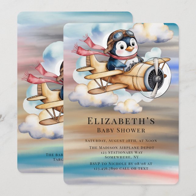 Invitation Vintage Airplane Penguin Boy Baby Shower  (Devant / Derrière)