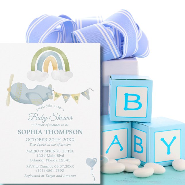 Invitation Vintage Airplane Rainbow Clouds Boy Baby Shower (Créateur téléchargé)