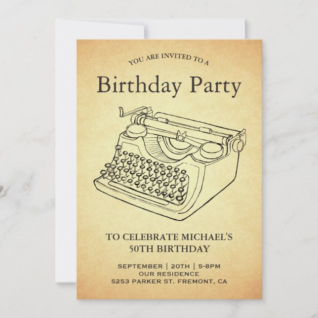 Invitation Vintage Antique Typewriter Fête d'anniversaire (Devant)