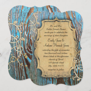 Invitation Vintage Aqua Gold Vieux Mariage de vigne en bois