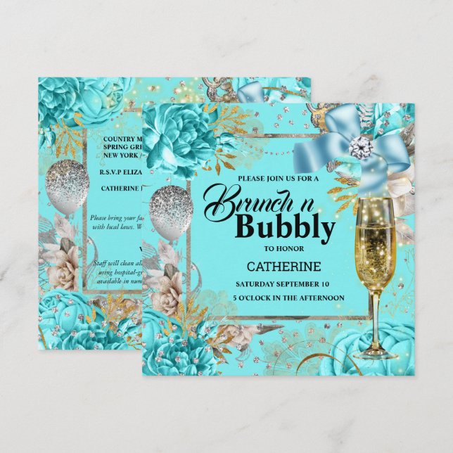 Invitation Vintage aqua rose shabby chic parties scintillant  (Devant / Derrière)