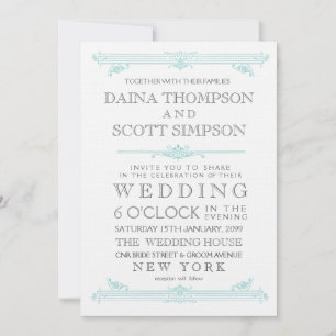 Invitation Vintage Aqua Turquoise Typographie Mariage Inviter