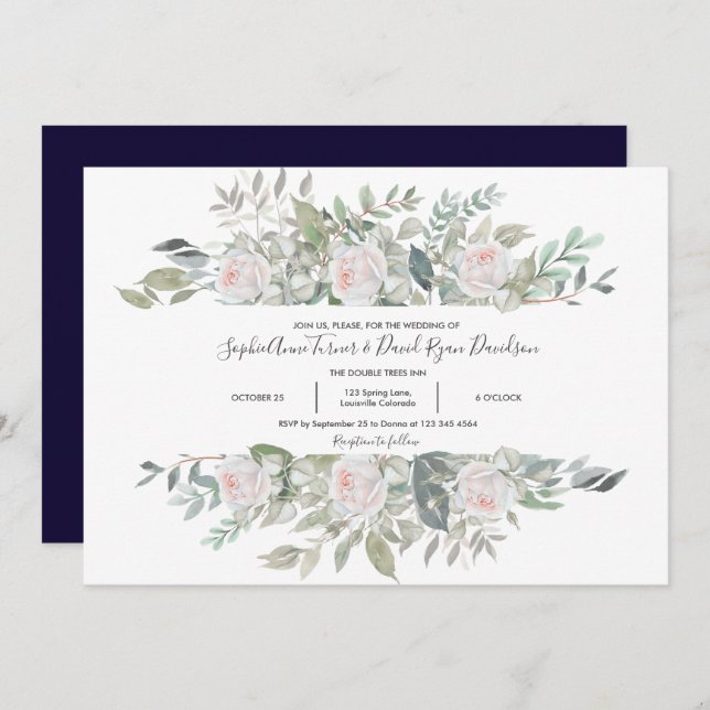 Invitation Vintage Aquarelle Fleurs blanches Mariage de cadre (Devant / Derrière)