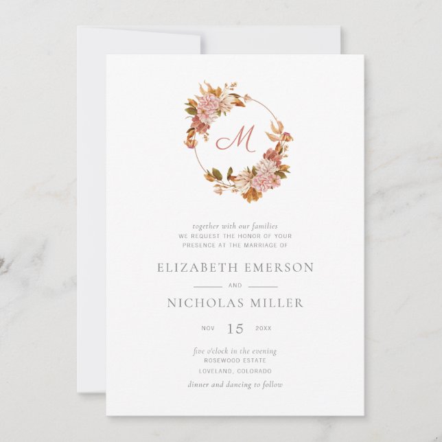 Invitation Vintage aquarelle Floral Monogramme Mariage (Devant)
