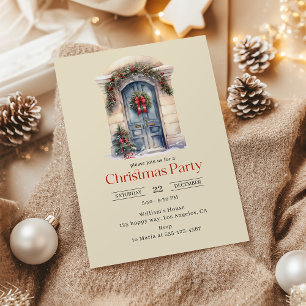 Invitation Vintage Aquarelle Porte bleue Noël