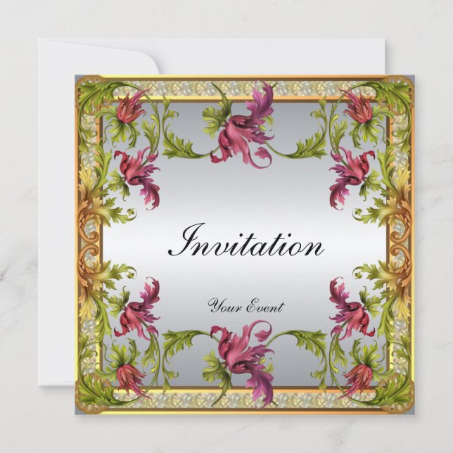 Invitation Vintage Argent Cadre Floral Victorien (Devant)