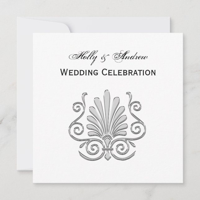 Invitation Vintage Art Déco Argent Plume Arabesque (Devant)