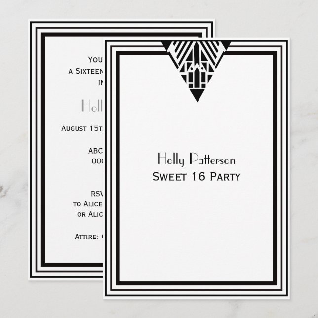 Invitation Vintage Art Déco Cadre noir blanc #1 V Sweet 16 (Devant / Derrière)