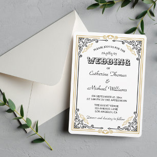 Invitation Vintage Art Déco Elégant Black White Gold Mariage