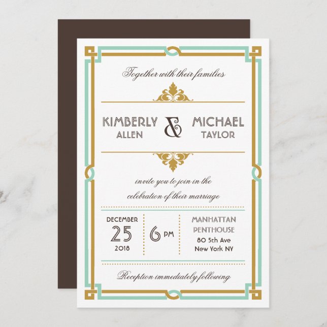 Invitation Vintage Art Déco Mint & Gold Mariage (Devant / Derrière)
