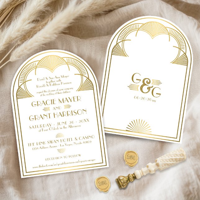 Invitation Vintage Art Déco or Unique Monogram Arch Mariage (Retro gold Art Deco unique old hollywood money glamour arch 20's 30's vintage wedding invitation)