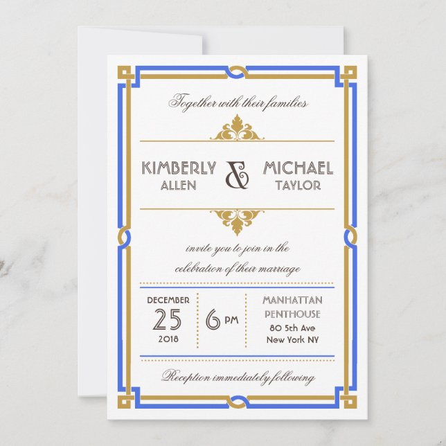 Invitation Vintage Art déco Sapphire Blue & Gold Mariage (Devant)