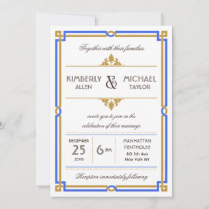 Invitation Vintage Art déco Sapphire Blue & Gold Mariage