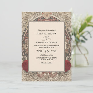 Invitation Vintage Art Modern Floral Burgundy QR Code Wedding