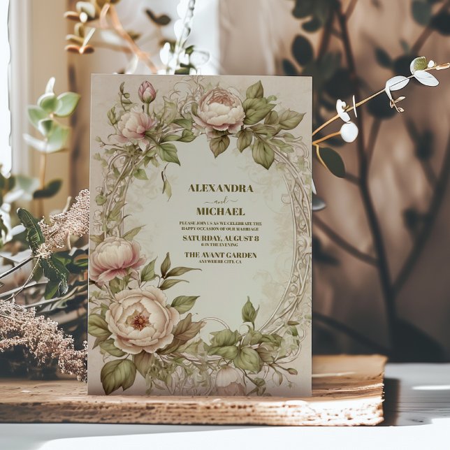 Invitation Vintage Art Nouveau Floral Olive Vert Mariage (Créateur téléchargé)