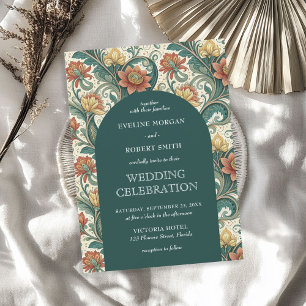Invitation Vintage Art Nouveau vert foncé terre cuite mariage