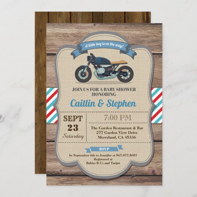 Invitation Vintage au baby shower moto. Vélo (Devant / Derrière)