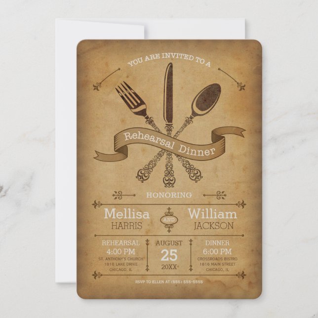 Invitation vintage au dîner de répétition (Devant)