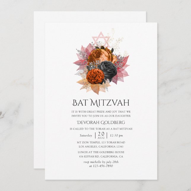 Invitation Vintage Automne Floral Bouquet Bat mitzvah (Devant / Derrière)