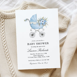 Invitation Vintage Baby Carriage Blue Floral Boy Baby shower