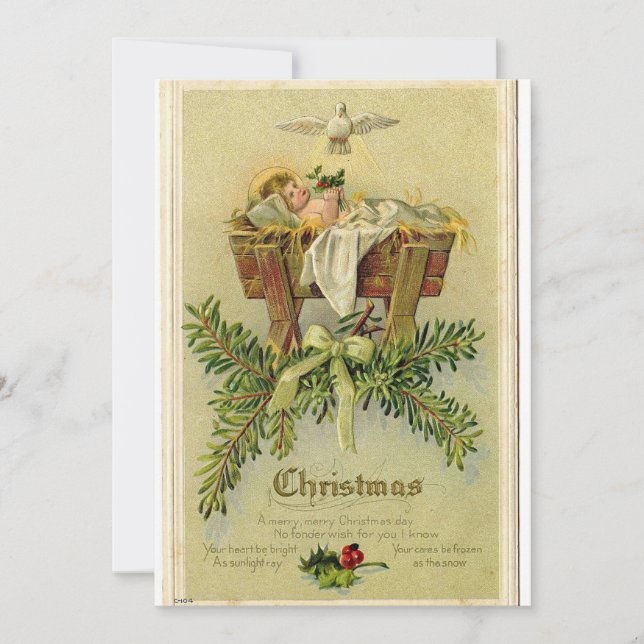 Invitation Vintage Baby Jesus in Manger Greeting Card (Devant)