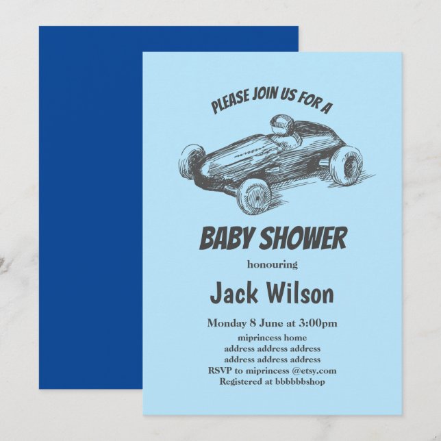 Invitation vintage, baby shower automobile de course (Devant / Derrière)