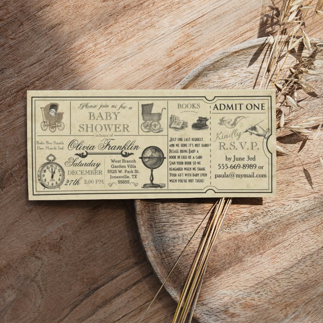 Invitation vintage Baby shower de billets (Vintage ticket wedding invitation with globe carriage clock)